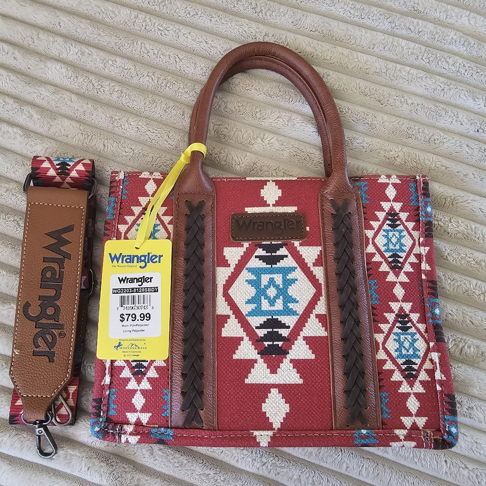 Wrangler Red Brown Small Tote Bag Western Purse for Women Shoulder Boho Aztec
